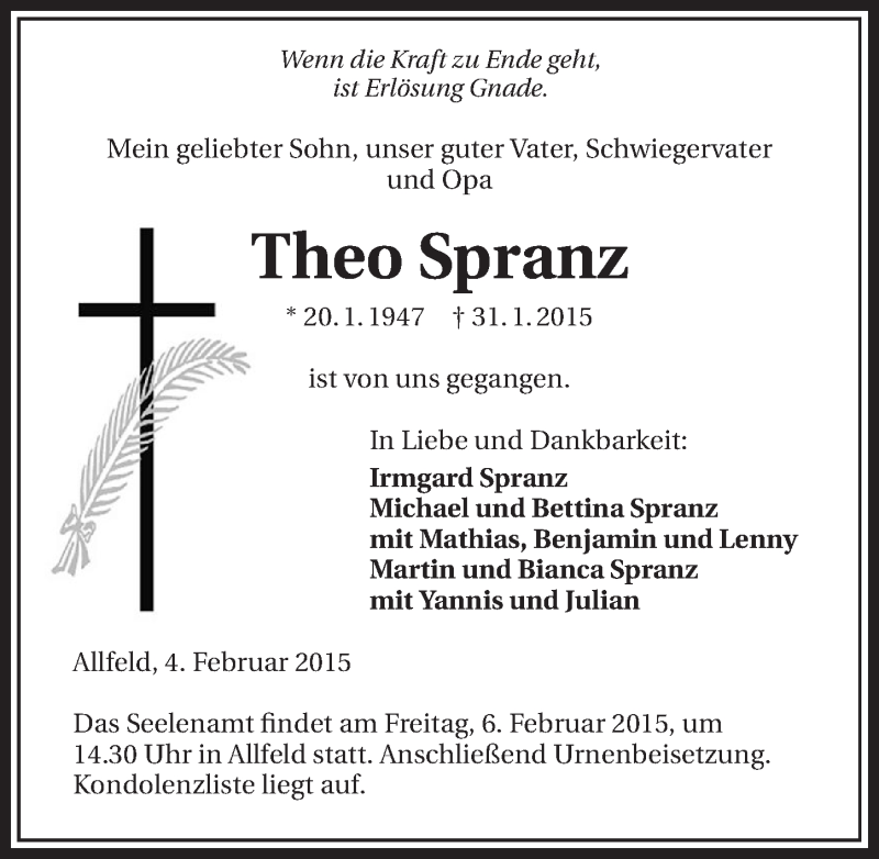  Traueranzeige für Theo Spranz vom 04.02.2015 aus 
