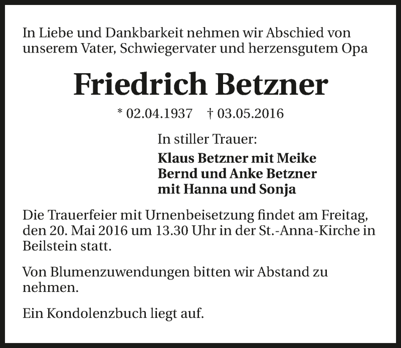  Traueranzeige für Friedrich Betzner vom 17.05.2016 aus 