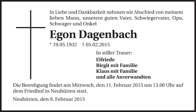  Traueranzeige für Egon Dagenbach vom 09.02.2015 aus 
