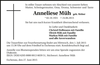 Traueranzeige von Anneliese Müh 