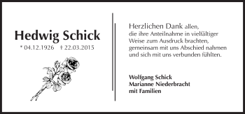 Traueranzeige von Hedwig Schick 