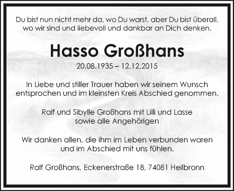  Traueranzeige für Hasso Großhans vom 23.12.2015 aus 