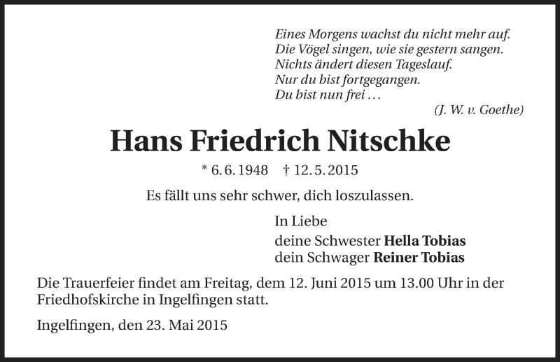  Traueranzeige für Hans Friedrich Nitschke vom 23.05.2015 aus 