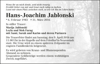 Traueranzeige von Hans-Joachim Jablonski 