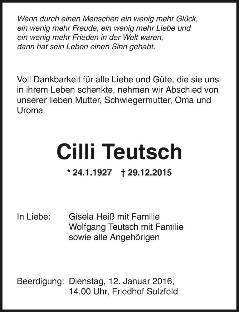  Traueranzeige für Cilli Teutsch vom 08.01.2016 aus 