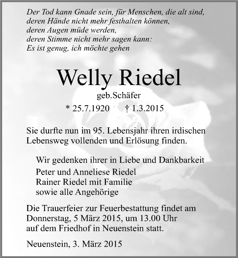  Traueranzeige für Welly Riedel vom 03.03.2015 aus 