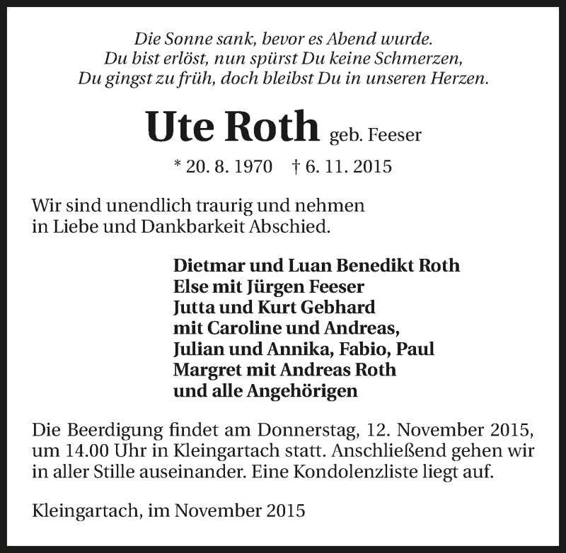  Traueranzeige für Ute Roth vom 10.11.2015 aus 