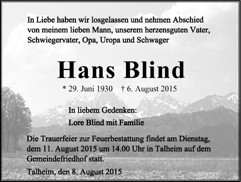  Traueranzeige für Hans Blind vom 08.08.2015 aus 