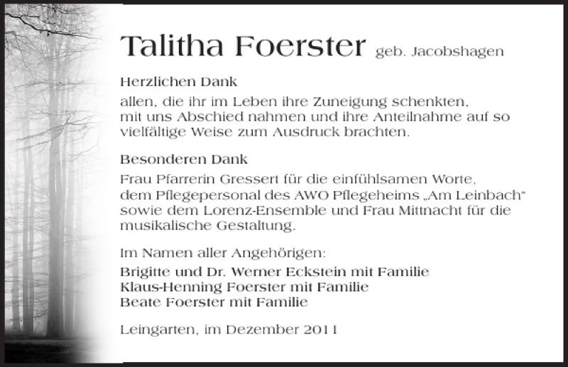  Traueranzeige für Talitha Foerster vom 09.12.2011 aus 
