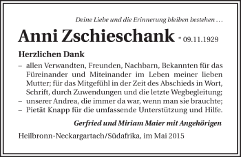 Traueranzeige von Anni Zschieschank 