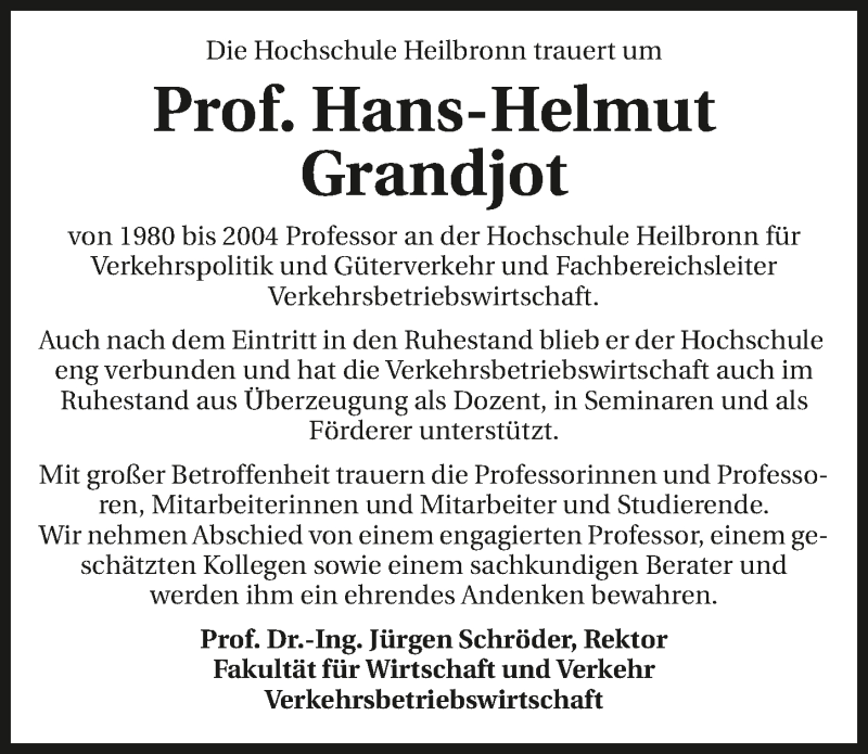  Traueranzeige für Hans-Helmut Grandjot vom 14.04.2016 aus 