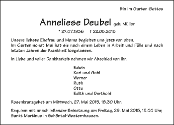Traueranzeige von Anneliese Deubel 