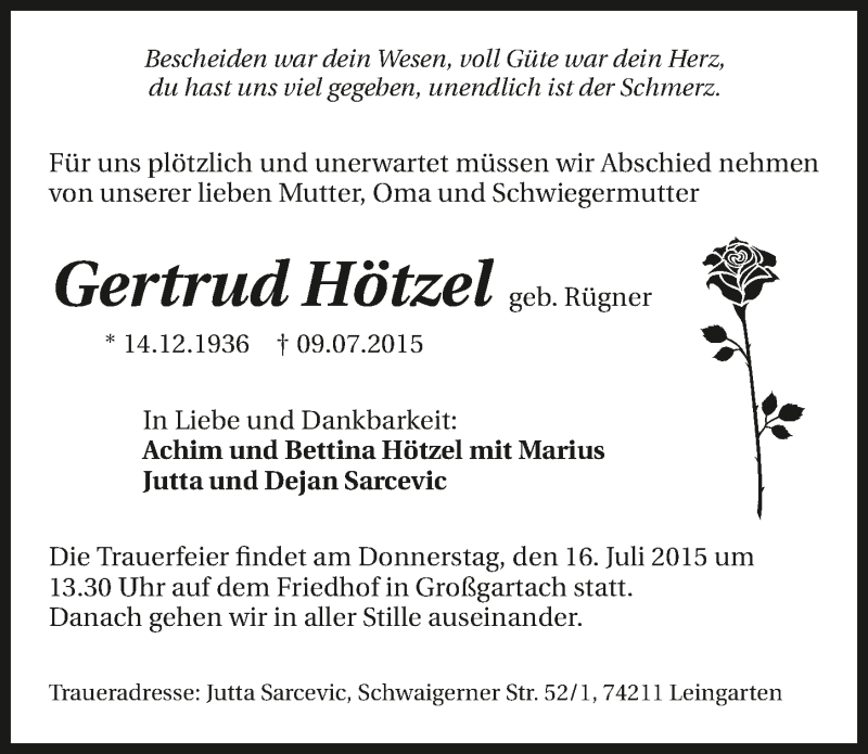  Traueranzeige für Gertrud Hötzel vom 14.07.2015 aus 