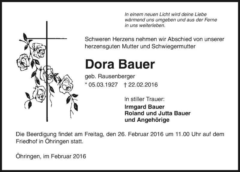  Traueranzeige für Dora Bauer vom 24.02.2016 aus 