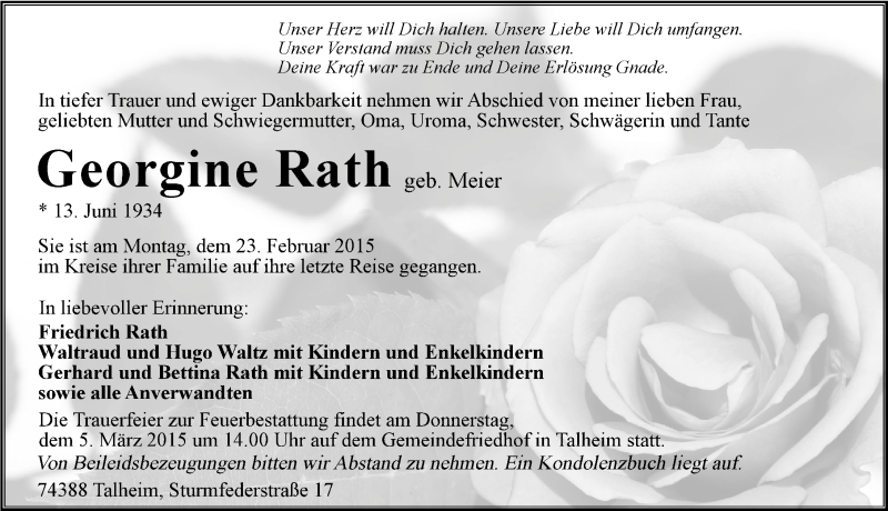  Traueranzeige für Georgine Rath vom 02.03.2015 aus 