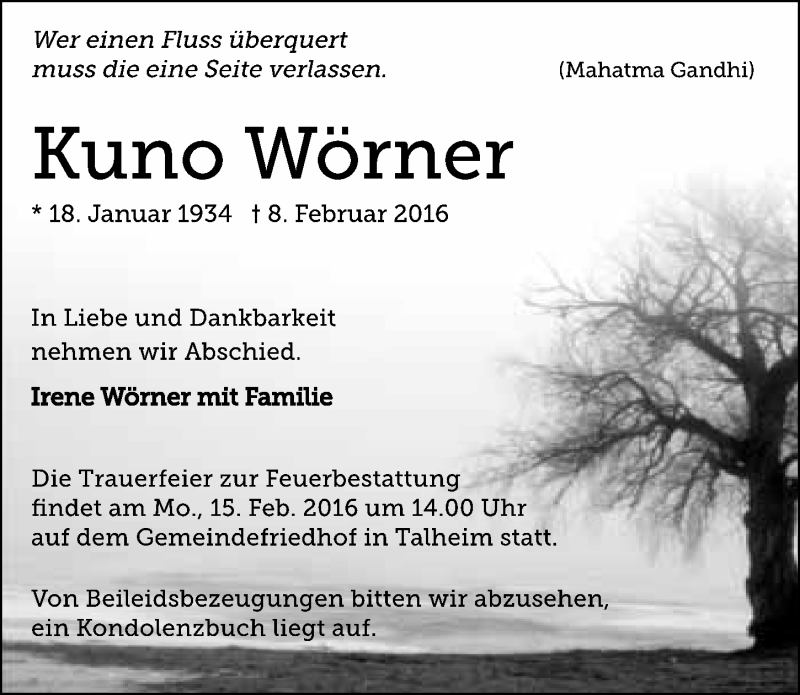  Traueranzeige für Kuno Wörner vom 12.02.2016 aus 