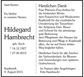 Traueranzeige von Hildegard Hambrecht 