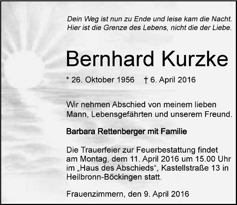  Traueranzeige für Bernhard Kurzke vom 09.04.2016 aus 