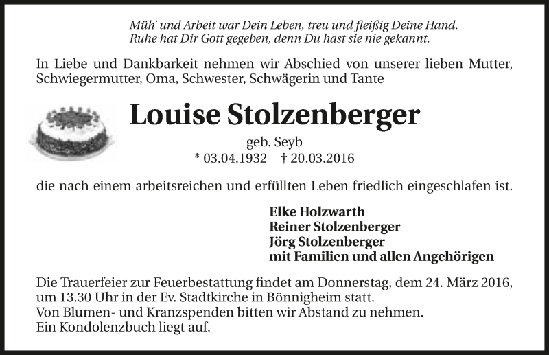  Traueranzeige für Louise Stolzenberger vom 22.03.2016 aus 