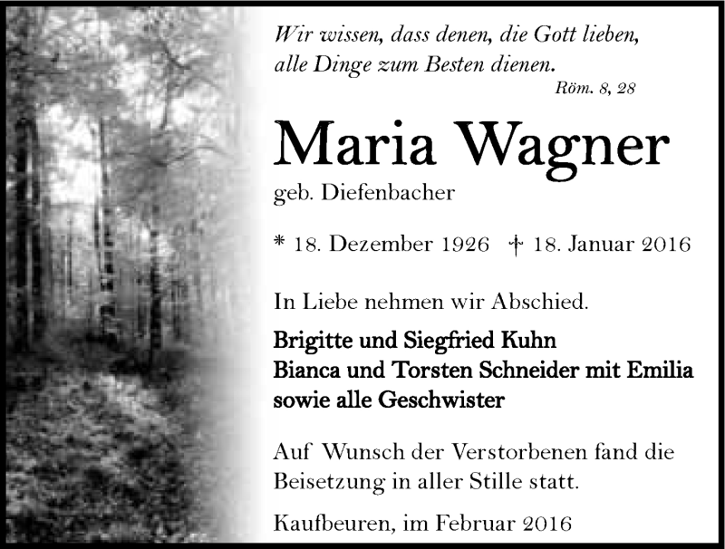  Traueranzeige für Maria Wagner vom 06.02.2016 aus 
