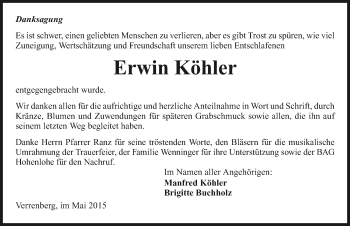 Traueranzeige von Erwin Köhler 