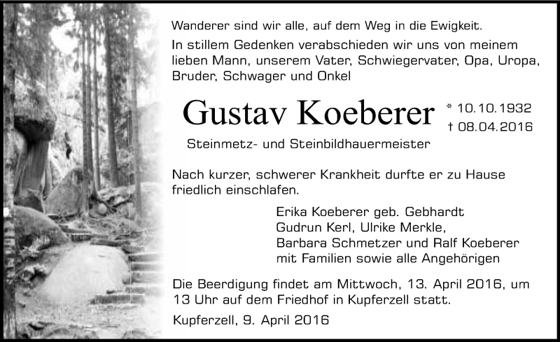  Traueranzeige für Gustav Koeberer vom 09.04.2016 aus 