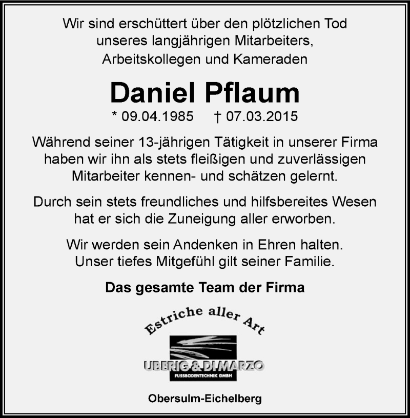  Traueranzeige für Daniel Pflaum vom 10.03.2015 aus 