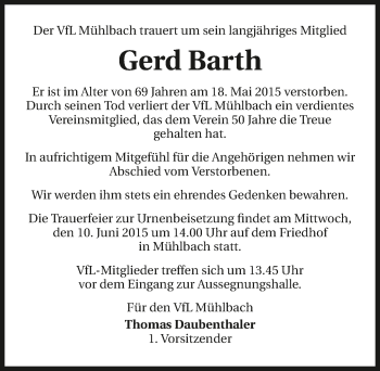 Traueranzeige von Gerd Barth 