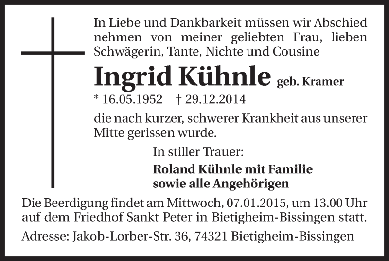  Traueranzeige für Ingrid Kühnle vom 02.01.2015 aus 