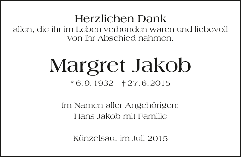  Traueranzeige für Margret Jakob vom 25.07.2015 aus 