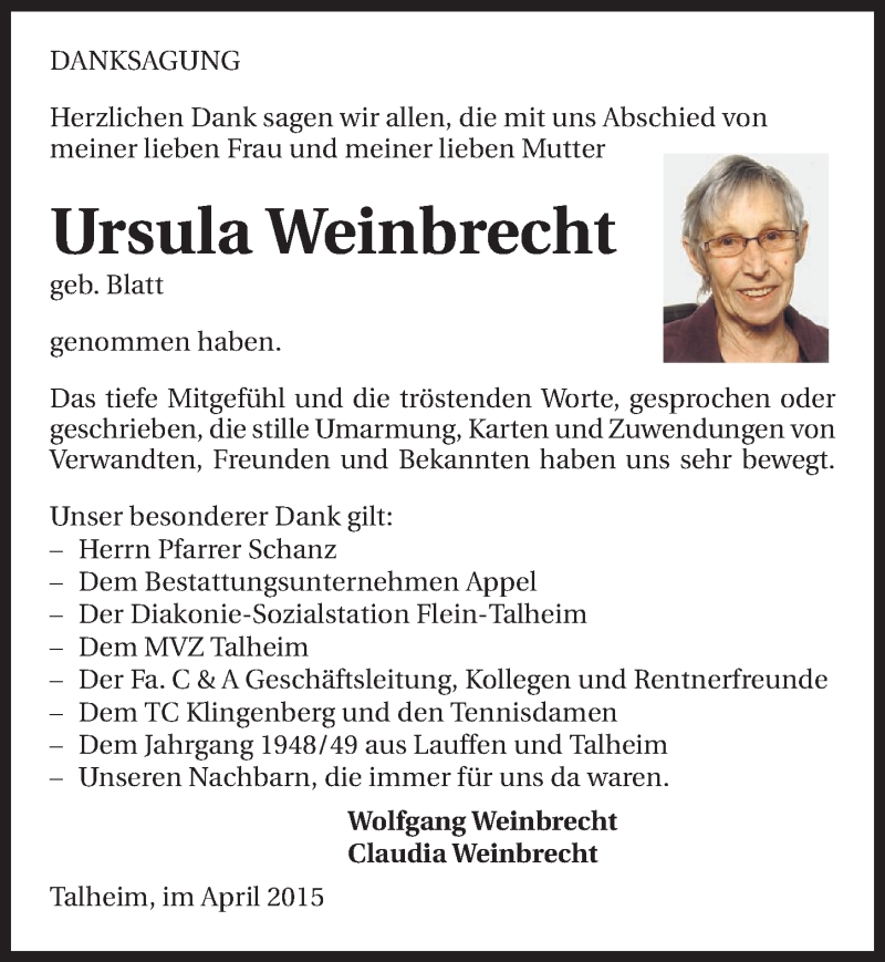  Traueranzeige für Ursula Weinbrecht vom 18.04.2015 aus 