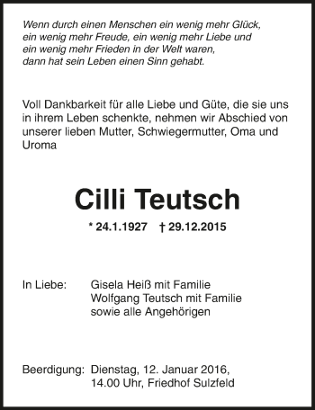 Traueranzeige von Cilli Teutsch 