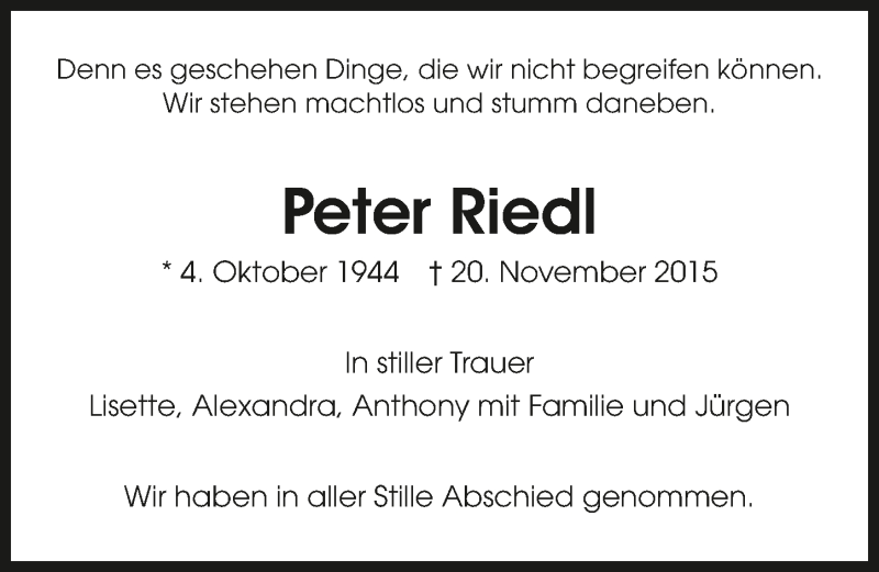  Traueranzeige für Peter Riedl vom 28.11.2015 aus 