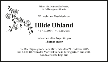 Traueranzeige von Hilde Uhland 