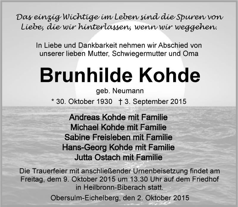 Traueranzeige für Brunhilde Kohde vom 02.10.2015 aus 