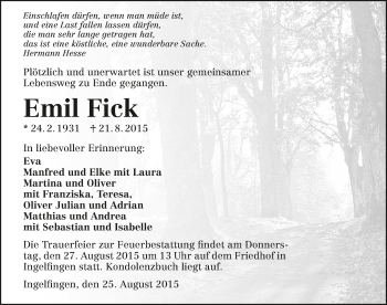 Traueranzeige von Emil Fick 