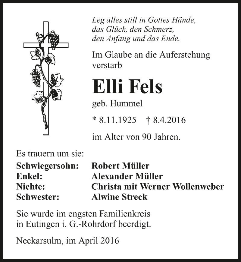  Traueranzeige für Elli Fels vom 12.04.2016 aus 