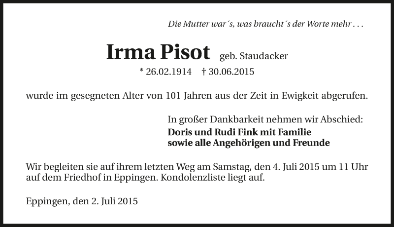  Traueranzeige für Irma Pisot vom 02.07.2015 aus 