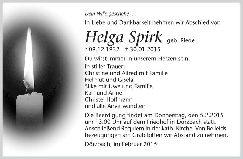  Traueranzeige für Helga Spirk vom 03.02.2015 aus 