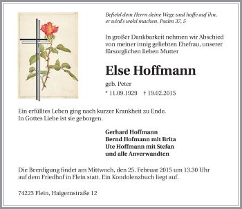 Traueranzeige von Else Hoffmann 