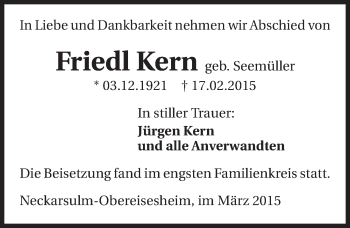 Traueranzeige von Friedl Kern 