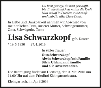 Traueranzeige von Lisa Schwarzkopf 