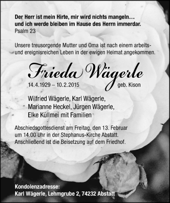 Traueranzeige von Frida Wägerle 