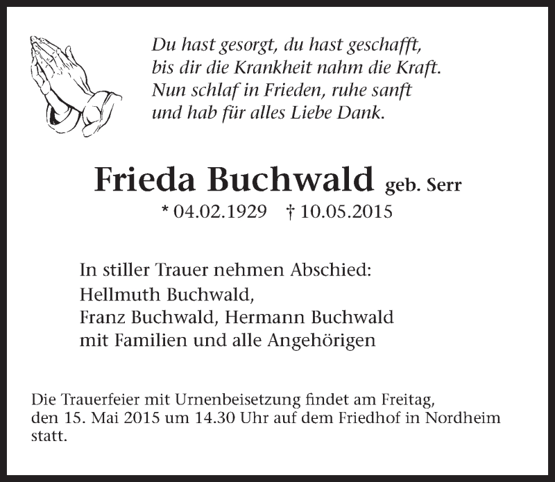  Traueranzeige für Frieda Buchwald vom 12.05.2015 aus 