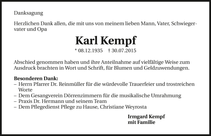  Traueranzeige für Karl Kempf vom 29.08.2015 aus 