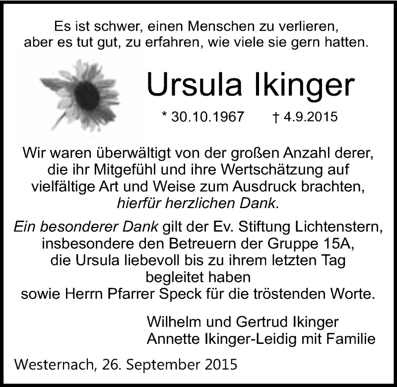  Traueranzeige für Ursula Ikinger vom 26.09.2015 aus 