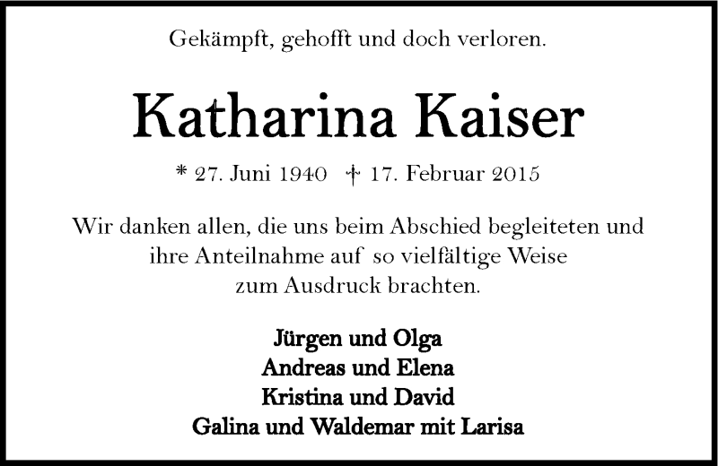  Traueranzeige für Katharina Kaiser vom 28.02.2015 aus 