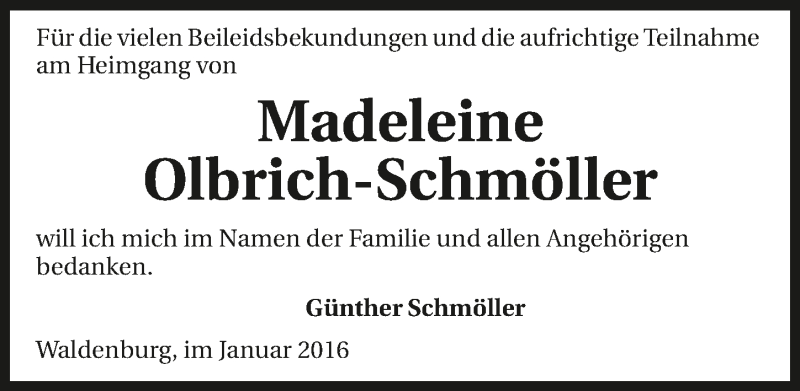  Traueranzeige für Madeleine Olbrich-Schmöller vom 09.01.2016 aus 