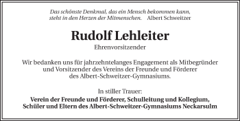 Traueranzeige von Rudolf Lehleiter 