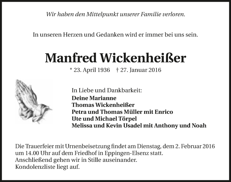  Traueranzeige für Manfred Wickenheißer vom 30.01.2016 aus 